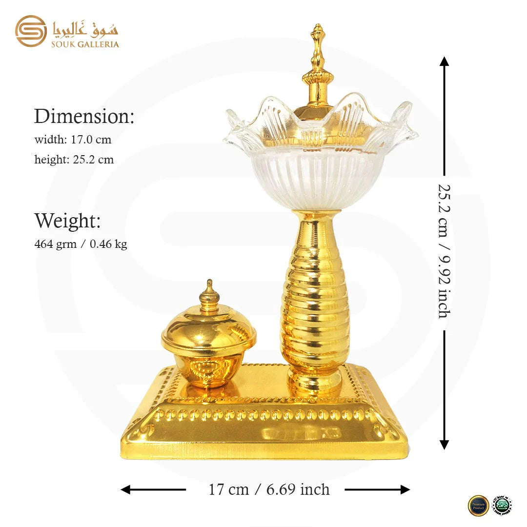 Brûleur d'Encens Cristal & Or avec Plateau - Set Complet Premium