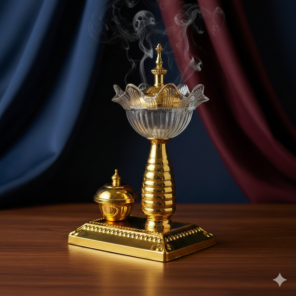 Brûleur d'Encens Cristal & Or avec Plateau - Set Complet Premium