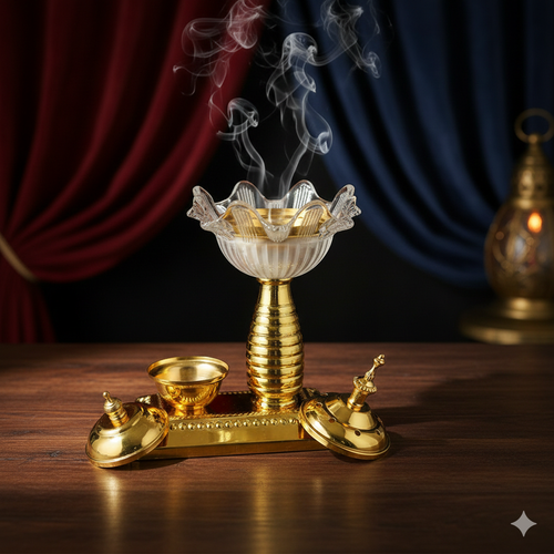 Brûleur d'Encens Cristal & Or avec Plateau - Set Complet Premium